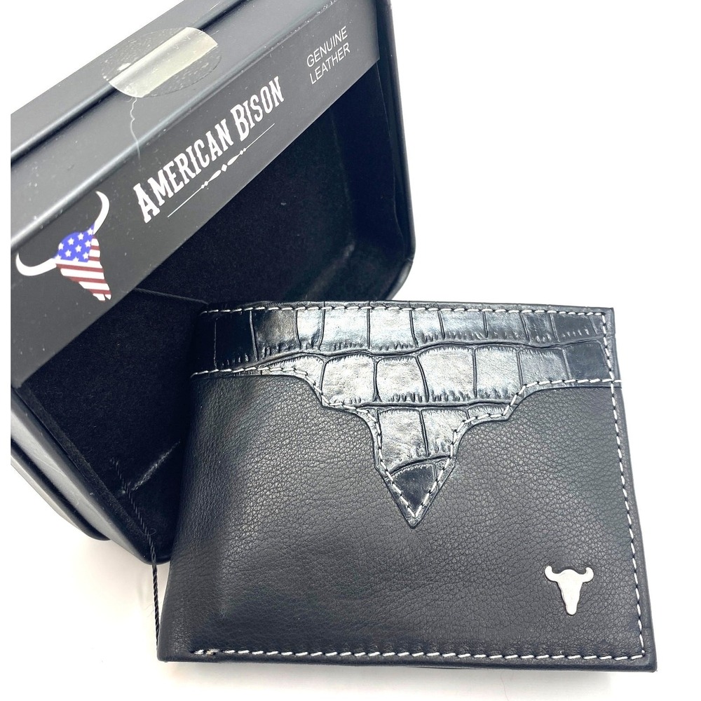 American Bison Flip IDs Bifold Wallet Men Black Leather Western Rodeo Cowboy NIB